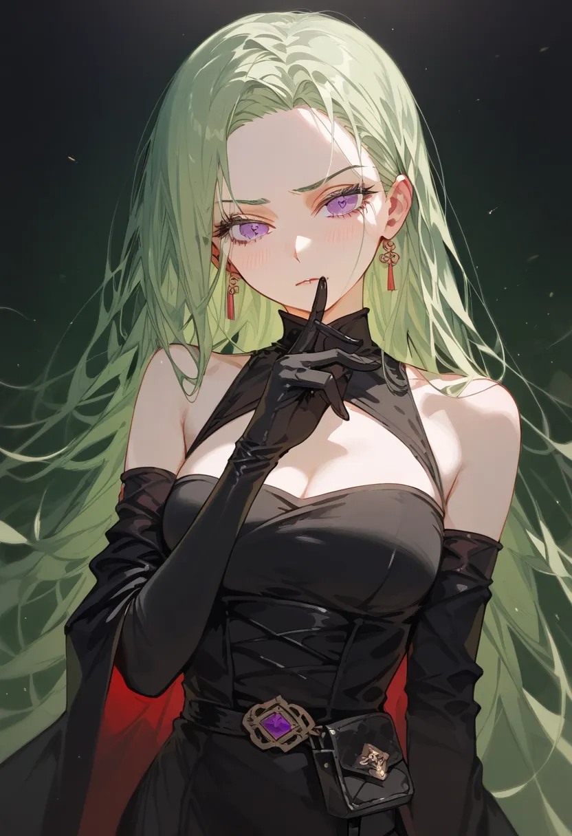 girl,, old green hair, in purple eyes,slim, Open Shoulder Dress,,beautiful,Pointed eyes , black eye border ,The joker, psychopaths , Exhaustion,Assassin, blouse open shoulders ,Fierce face, long hair,Sleeveless dress,Black Glove,Black Sleeve Bag,Dark Green...