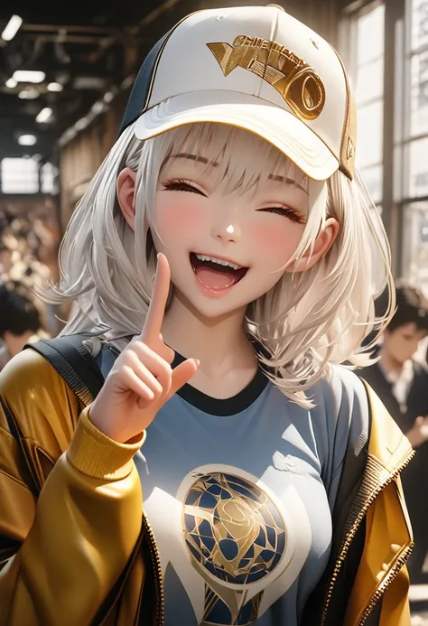 masterpiece, Best Quality,  Highly Detailed CG Unity 8K Wallpaper , anime illustration of a high school girl. nice, Wear larger clothes、  She closes her eyes and opens her mouth , smile.  realistic background , 3D Art, White hair color, yellow eyes, anatom...