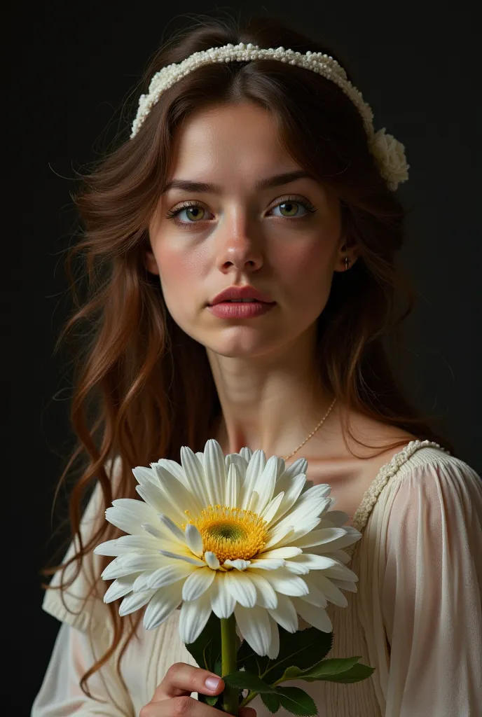 Un portrait sur un fond fine Art,  very dark , A brown-haired woman, elle a un bandeau blanc autour des yeux, et, On each side, des yeux des larmes de sang qui coule. She is holding a big cut flower in her hand.