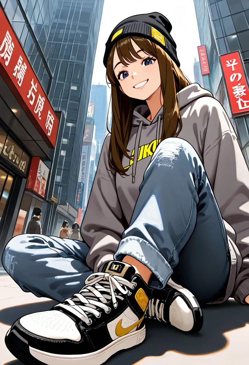 adult women, Gold,long hair,baggy  denim pants:1.3,oversized grey hoodie,sneaker,black Beanie,face focus, Tokyo ,The view from below the city,smile,is sitting