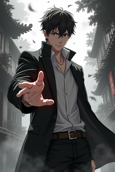 adult boy The one who is showing his hand in front and looks dangerous. In anime style with beautiful background and black and white 