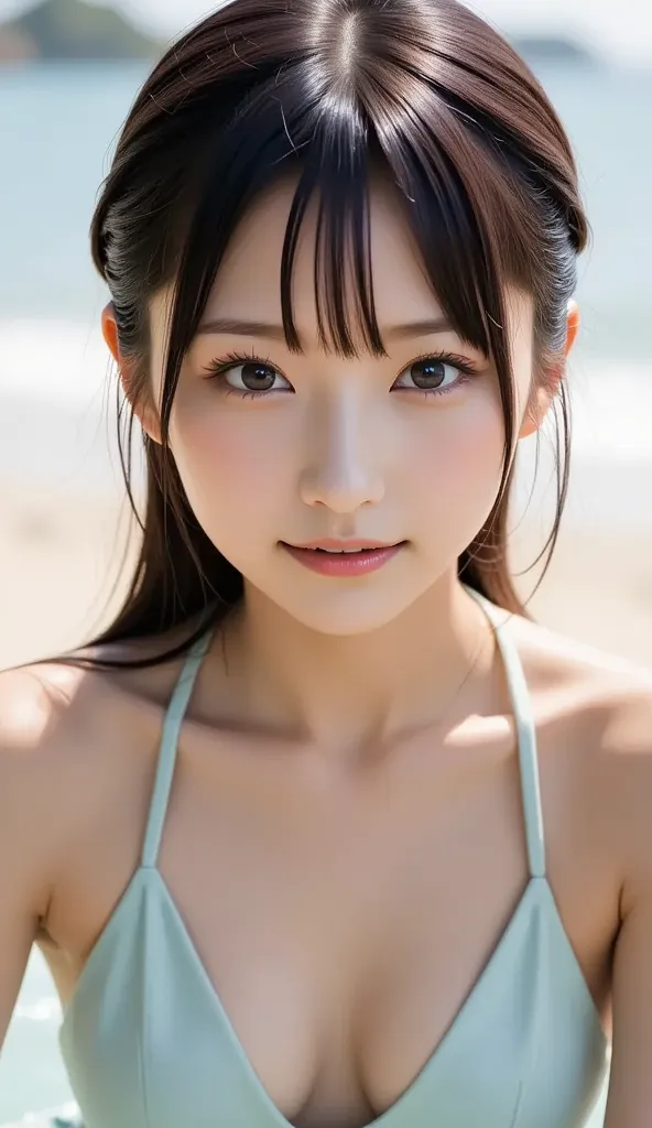  mesmerizing close-up view of a Japanese idol relaxing in a hot spring wearing {x},  fashionable「 high cut bikini」and is relaxing at a luxury resort .  she is in the foreground with a soft blurry background of a tropical beach. She has a natural smile and ...