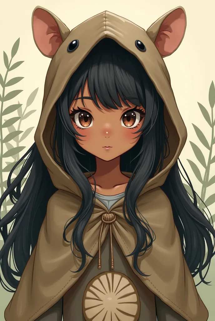 Let it be so, but with darker skin and with long black hair cut in capes and that has a brown hood with capybara ears and that the girl and the image are manga style 