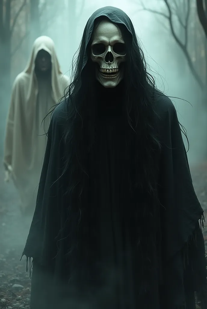 Skull dressed in black with long black hair and behind it is followed by a man in an ethyl state walking towards her