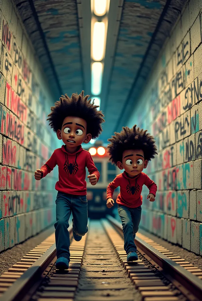 Create an image where
Two black guys with Pank Afro hair and the other with a normal Pank cut, are on the run from a train that follows them from behind with faces of desperation and a lot of concern, inside the train tunnel the walls must be made of block...