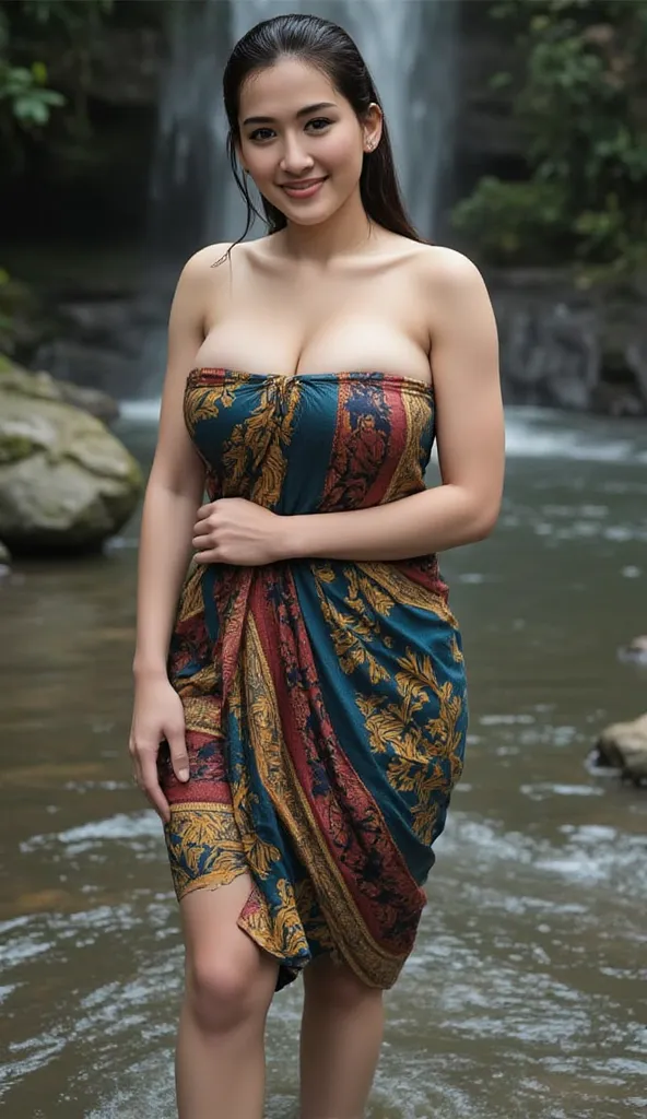 Realistic photo Of A chubby and fat indonesian woman,  visible to the feet , curvaceous body, use dark blue red yellow wet batik sarong , face facing the camera.  Elegant elegant style elegant aesthetic . sexy butt, big ass and hips, Good Detail . stand si...