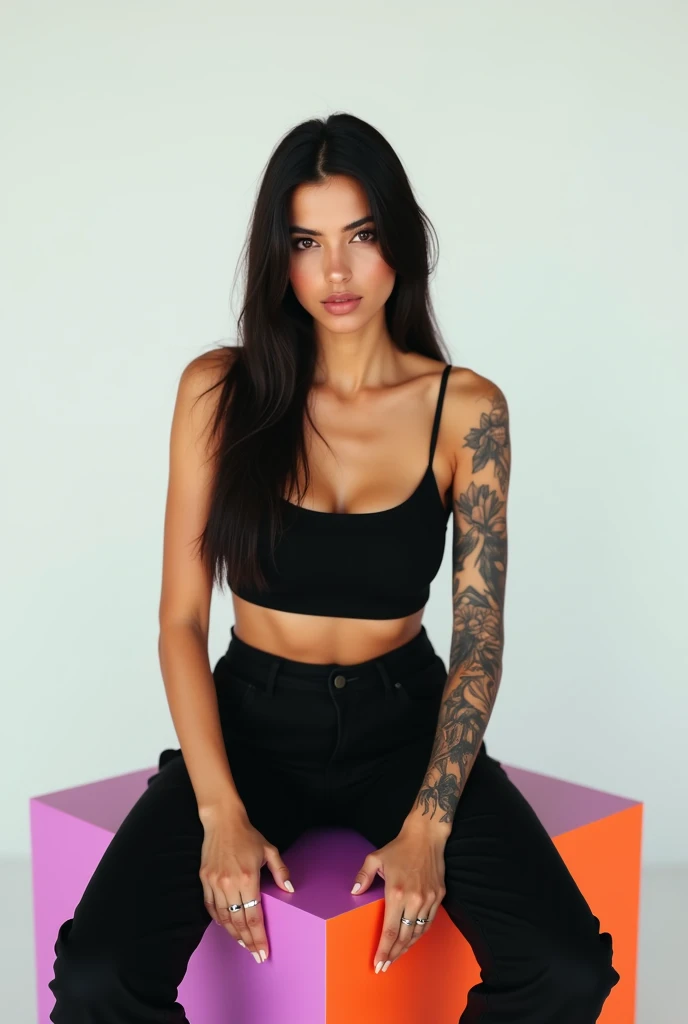 better quality:1.4), (ultra high resolution:1.2), (photorealistic:1.4), (8k, RAW photo:1.2),  a Brazilian woman .  have fair skin. He has dark brown eyes . She has long straight hair.  She's wearing black cropped . She is wearing black pants. She has tatto...