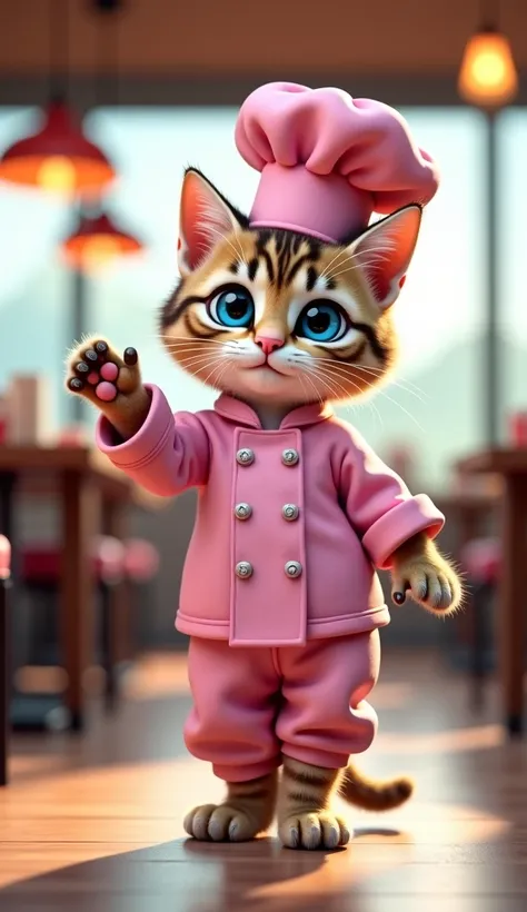 cute anthropomorphic kitten ,  pink chef suit      ,  blue eyes,  standing in a restaurant     。 ,       spread your arms and make your legs flutter   ,Stand and walk,     raise your hand,Real Cat     ,8k,        , High Resolution ,  best quality ,  anatom...