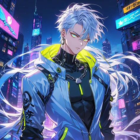 *“Masterpiece, ultra-high-definition, highly detailed, beautiful, anime-style illustration. A tall, slender yet muscular young man with a stylish cyberpunk aesthetic. He has short platinum blonde hair, striking large double-lidded eyes with vibrant blue ir...