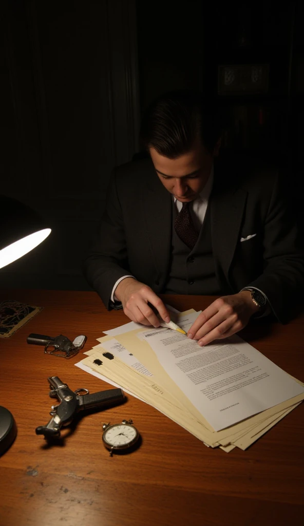 in first person A high-resolution, ultra-realistic 8K image of a 1940s detective at his desk, organizing case files and taking a sip of his black coffee. His face is partially illuminated by the soft glow of a desk lamp. His revolver rests near the papers,...