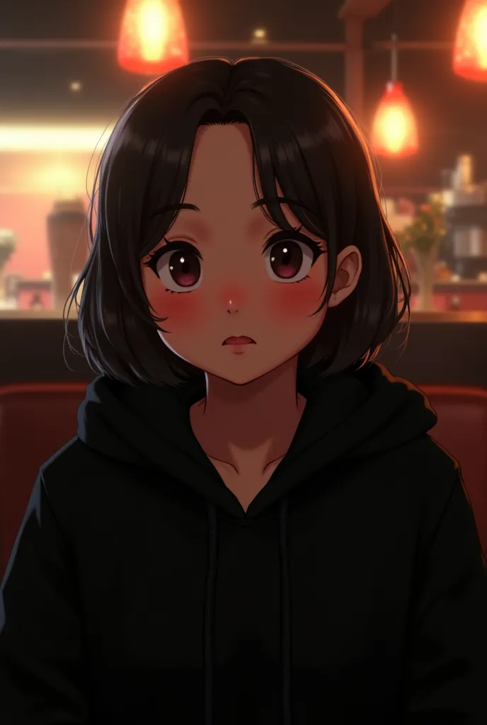 Real life,girl,wearing a black hoodie,at a restaurant,looking at camera blushes, 