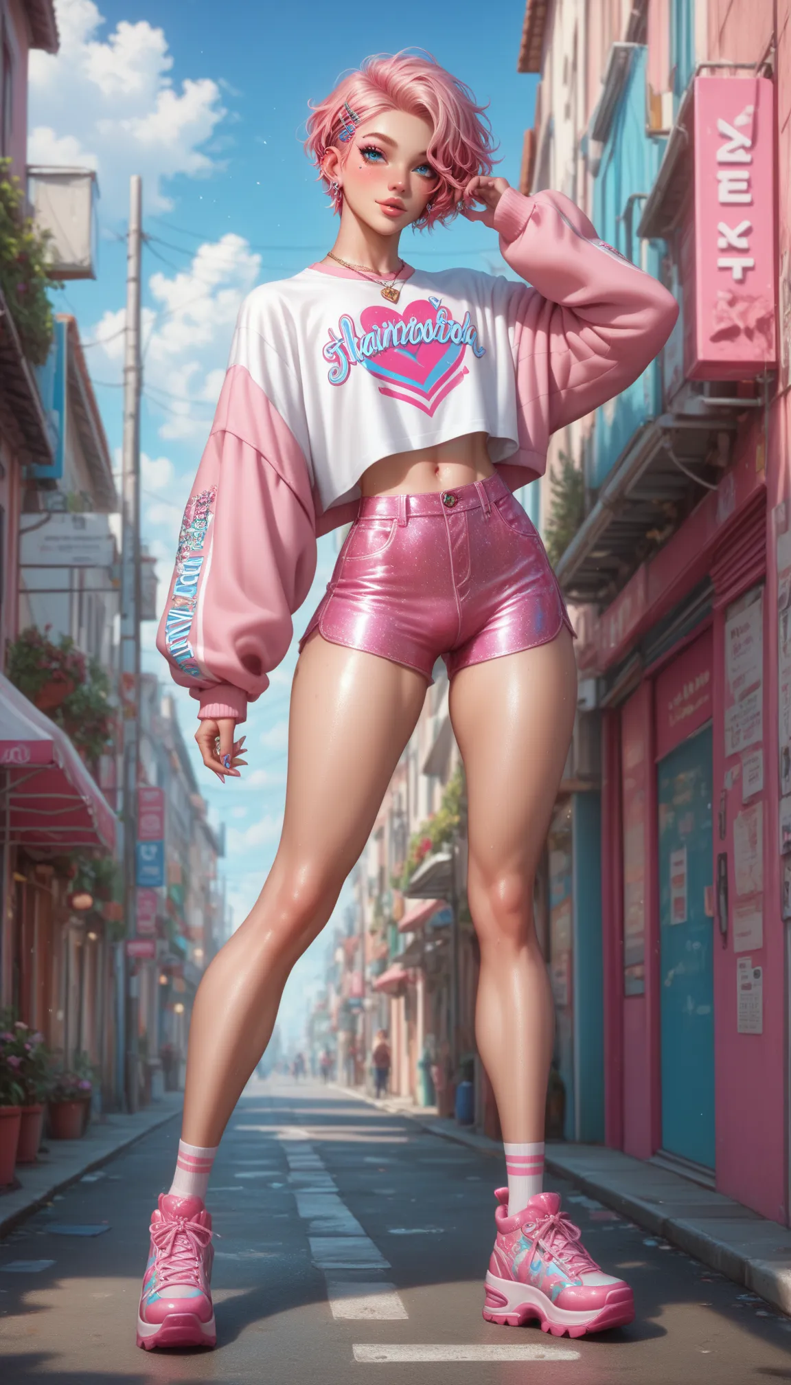 Anime feminine cute gay boy, extremely gorgeous face, blue eye, wearing pink colour shiny miniskirt and top extremely detailed, wearing a pink colour shoe beautiful, full body shot, full body, wearing miniskirt, gay boy gorgeous face, boy face,