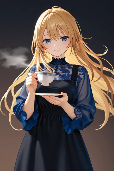 Best Quality, masterpiece, beauty, Figure style, Kiritou Nagisa (Blue Archive), smiles, Black tea, teacups,  dark background, 