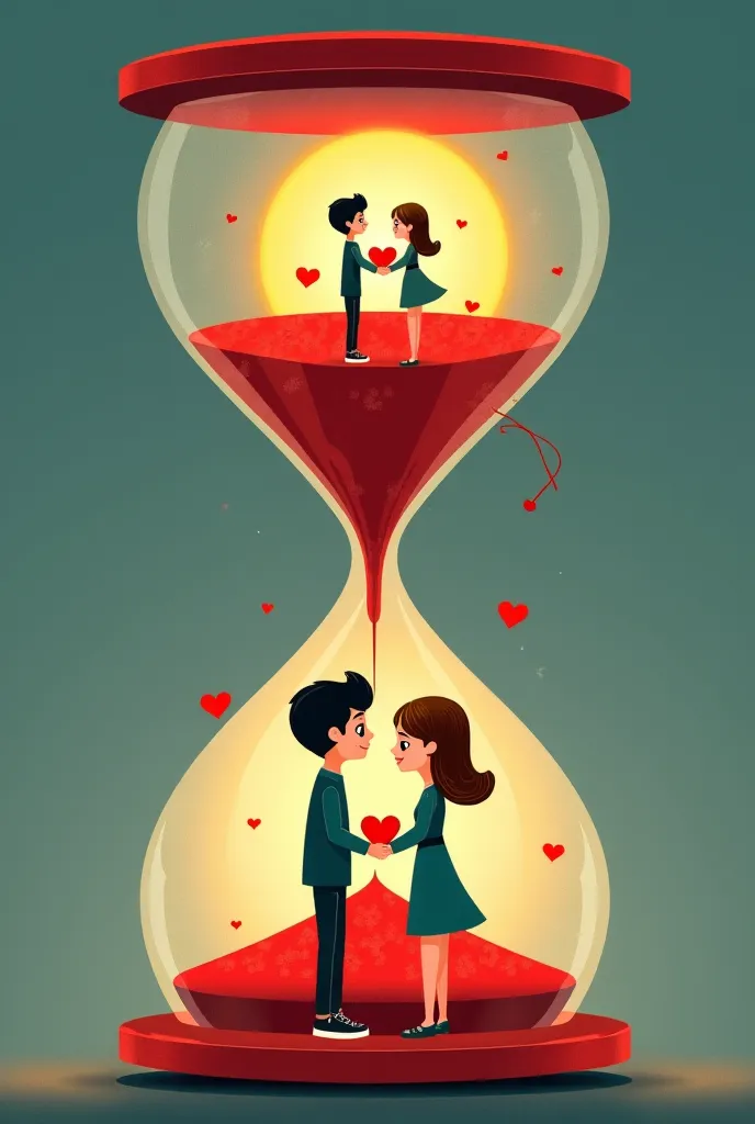 Image of an hourglass with a couple inside the boy up and the girl below the boy holds a heart in his hands and the girl anyway both hearts have a bandage and around the clock you can see a red thread, A black light and a sunlight are divided horizontally,...