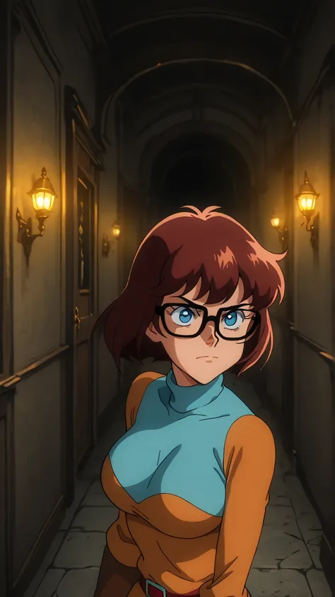 gloves, big boobs, style anime 90s, effect light, 4k, dinamic, frame, WONDERFUL PERFECT,  brunete hair, style disney, castle abandoned, night, 1girl, blue eyes, , light eyes, closed mouth, light eyes, dark face, bangs, glasses nerd, face serious, closed mo...