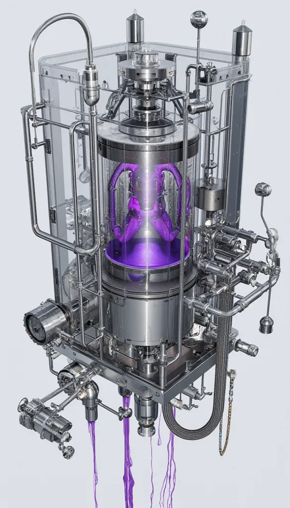 Highly Detailed, High-Resolution Metal and Glass Machinery,stainless steel,Clear Liquid Leaks,purple costume,simple background,masterpiece,correct