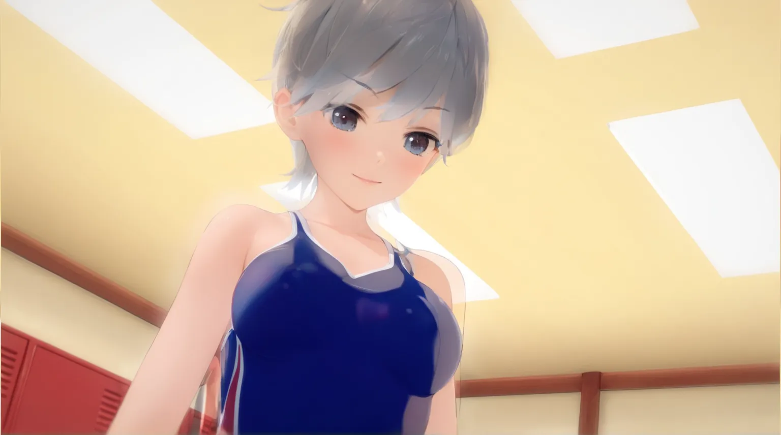 A girl in a red and blue swimsuit is standing in a locker, render of a cute , body sequence