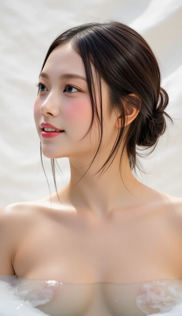 a picture of a beautiful hot spring woman gracing the cover of a hot spring magazine、Sideways angle shot、The posture of not wearing clothes, holding up to the shoulder in the bathtub and looking up、((Upstyled hair with beautiful black hair lightly gathered...