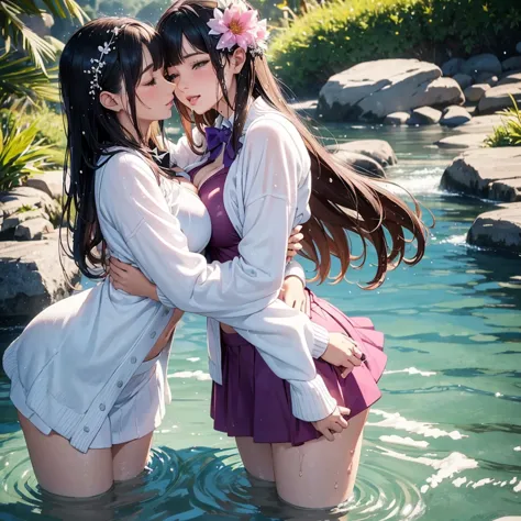  two women hugging,  their bodies are pressed together , (( lips touch each other )), romantic,  vibrant, their breasts are submerged in water, masterpiece, best quality, Hi-Res, , hair flower, x hair ornament,   white sweater , purple jacket, flower,  Lon...