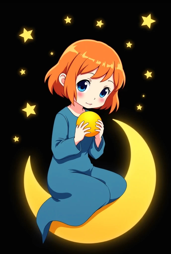 Anime picture of a girl. She has soft orange hair. with an innocent face, wearing a Ramadan dress. It is blue. holding a yellow. sitting on the moon of Ramadan, a black background with bright yellow stars, 