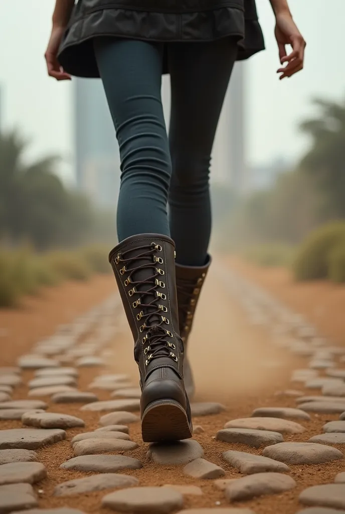 A confident woman walks with determination on a dusty or cobbled floor, leaving a strong impression with her boots. The angle of the shot is from the bottom, highlighting the footwear and its powerful posture.  in the background, a modern city or a wild na...