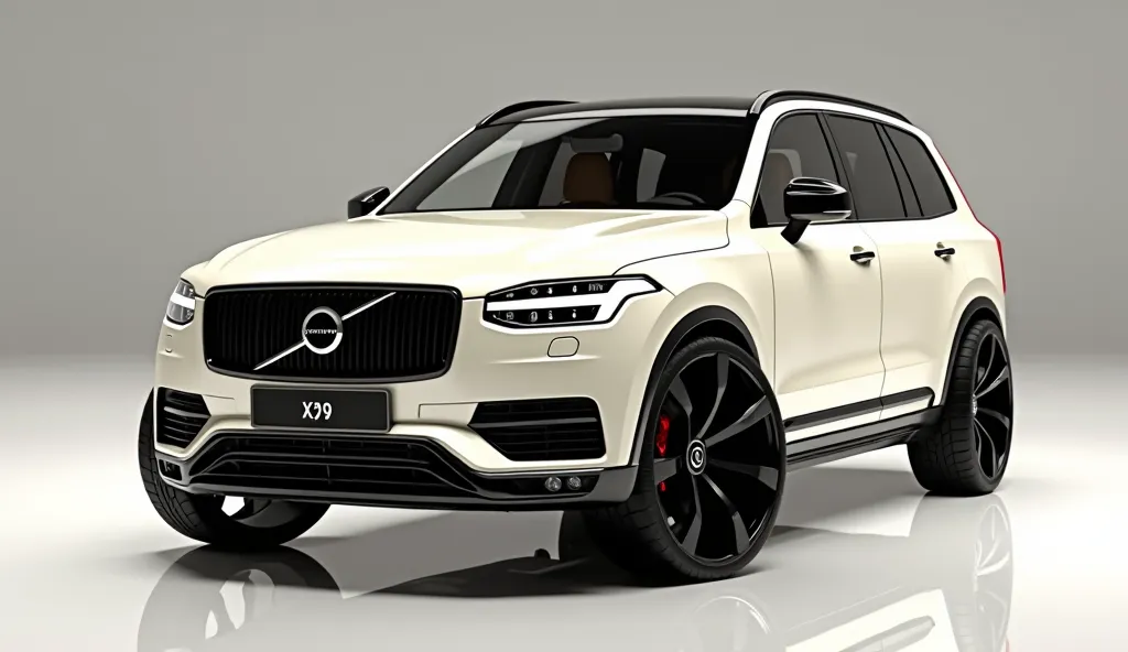 Full Front view create an ultra-detailed 3D render Front view, of a modern( 2025 Volvo XC90)with a bold designy  looking long like limousine captured from (Front view.) The car should feature a 'Gleamy( oily Cream) color and black accents with a '(XC90) lo...