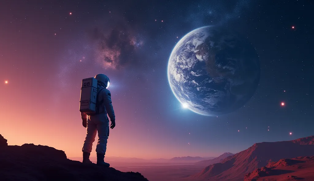 "Create a striking YouTube thumbnail for a space exploration documentary titled 'What if the universe isn’t a distant dream… but our next home?'. Feature a futuristic astronaut standing on Mars, gazing at a glowing galaxy in the distance. The Earth is visi...