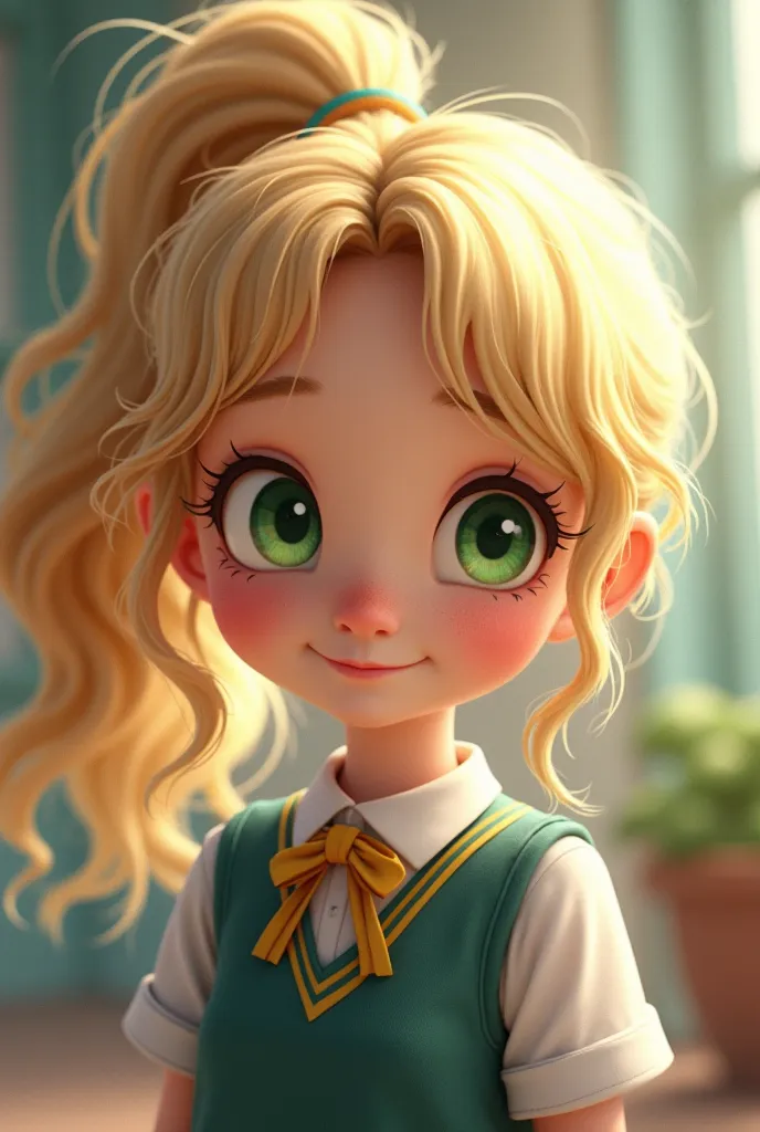 girl with school uniform, curly blonde hair with a ponytail on the left side, green eyes 