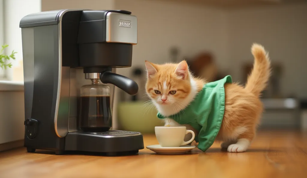 A small ultra-realistic orange kitten with a green apron, the kitten is in the kitchen. The kitten is near a coffee maker watching the coffee fall into the cup.