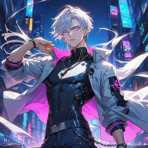 *“Masterpiece, ultra-high-definition, highly detailed, beautiful, anime-style illustration. A tall, slender yet muscular young man with a stylish cyberpunk aesthetic. He has short platinum blonde hair, striking large double-lidded eyes with vibrant blue ir...