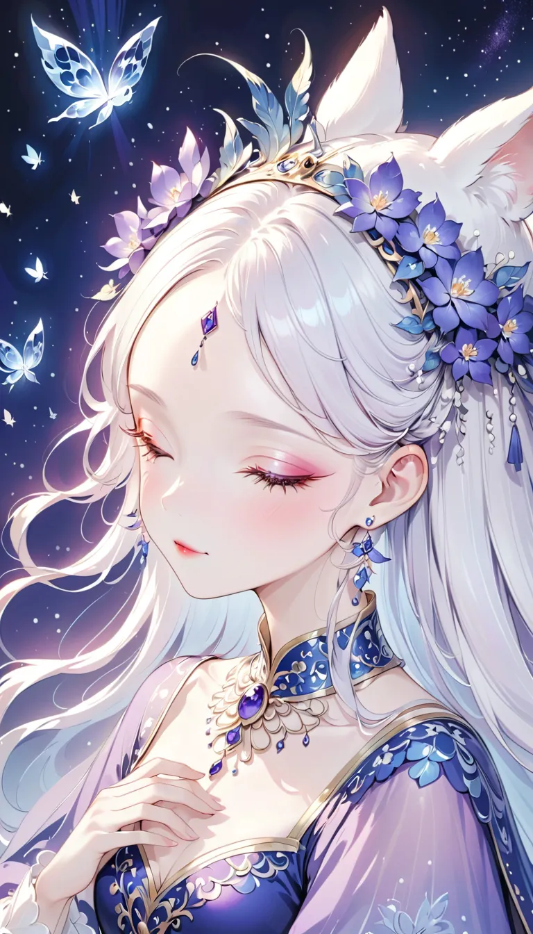 This photo is an anime or fantasy style artwork, khắc họa một nhân vật nữ với vẻ đẹp occult và thanh tao. The girl with long platinum or silver hair, and floats in space, creating a feeling of lightness and fairy. The hairs dotted by shimmering light, as i...