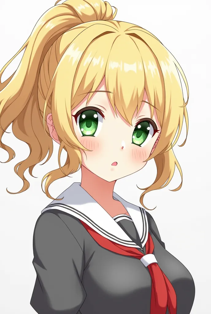 girl with school uniform, loose wavy blonde hair with a bun and a ponytail on the left side, green eyes anime art style 