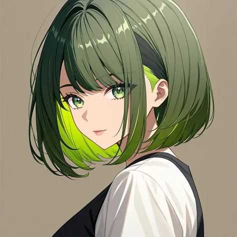 Create an anime for black women, highlighting green hair, green eyes, undercut hair on the side. The bob style with a gradient of hair in layers has volume and dimension. The hair on the top of the length is so flattering.