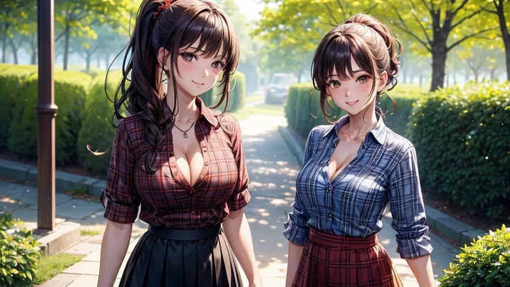 1girl, spring, trees, house, fantasy landscape, flowers, butterfly, brown curly hair, ponytail, large full breasts, brown eyes, ((blue checked shirt)), ((unbuttoned shirt)), ((short sleeved shirt)), unbuttoning buttons, ((cleavage)), ((black and red patter...