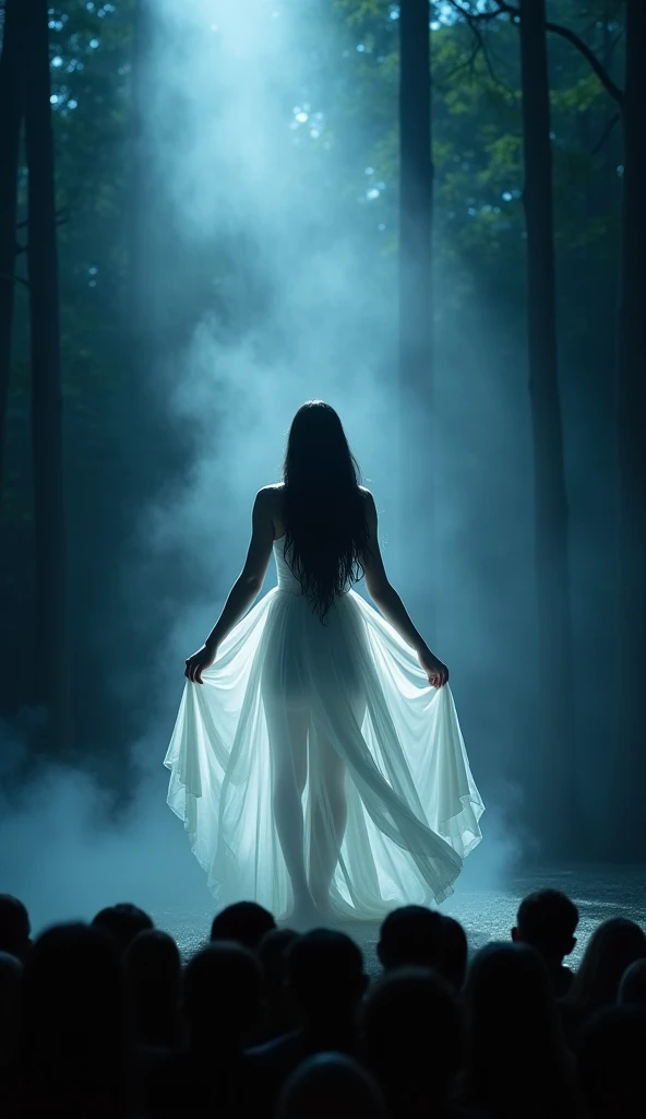 - "The ghost begins to transform on stage. Its terrifying form dissolves into black smoke, and it gradually turns into a beautiful, radiant young woman. Her long black hair shines, and her white dress glows with a soft light. The audience gasps in amazemen...