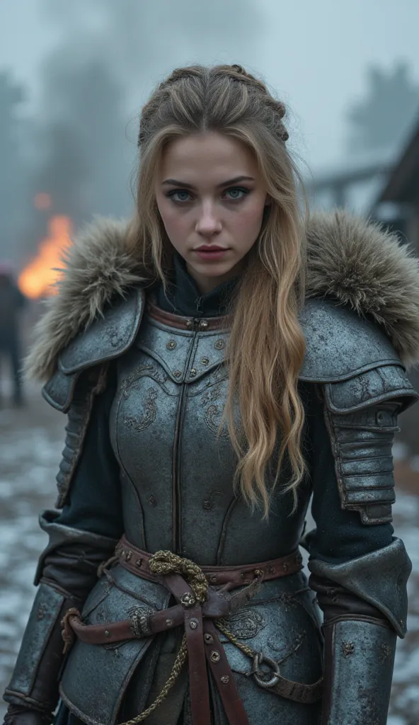 Viking warrior girl,in front of the observer, Medieval Armor,Walking through the burning village,,heavy snow,Natália Dormer , ethereal, portrait,close-up,  portrait, posing,close-up candid photo,Hailee Steinfeld  and Maddison beer ,,close-up,Young ,voluptu...