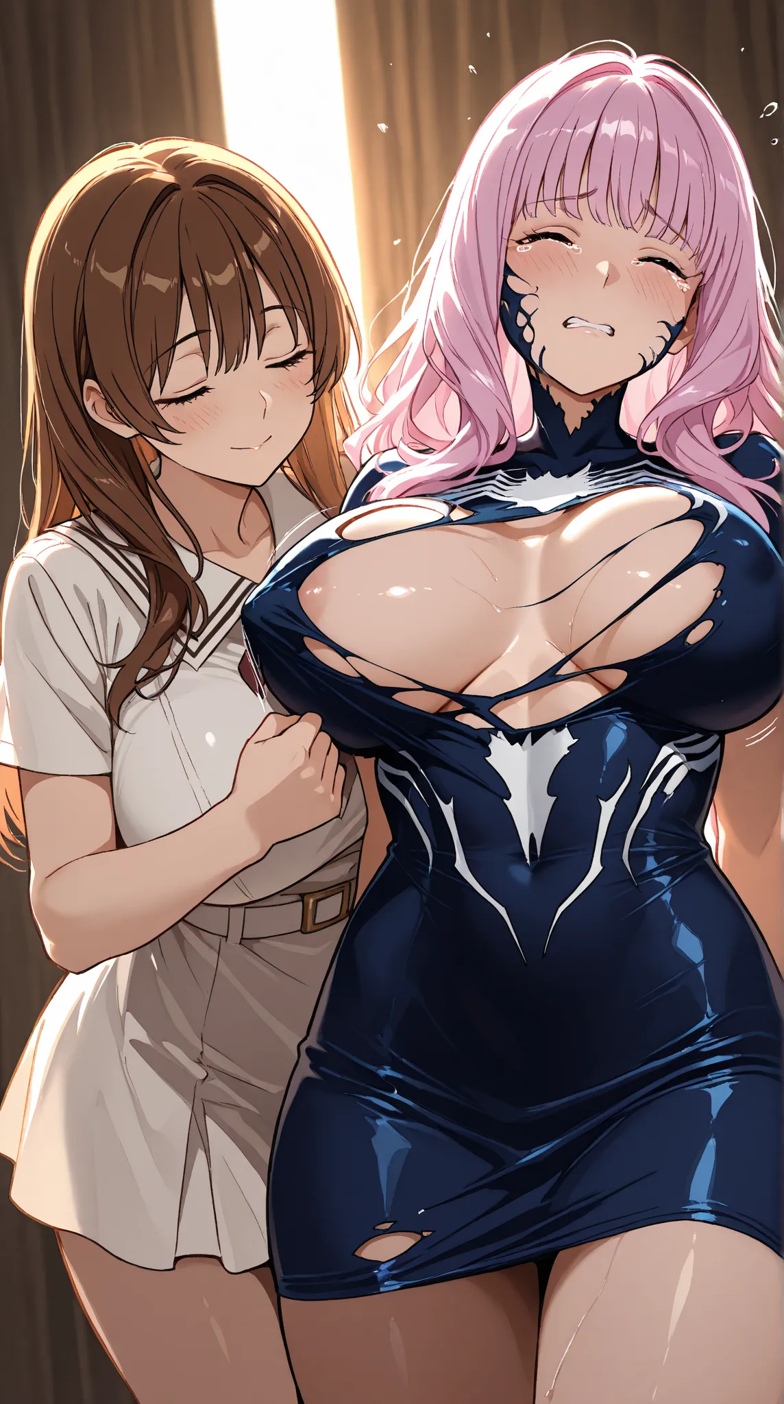 Girls turn into Venom, with huge breasts fight, tearing each other's clothes apart and curling them over their breasts, rhinolor hair, backlight, from under clothes, a torn outfit near their falling breasts, without a bra, very short dress. High resolution...