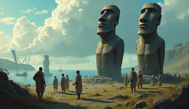 Imagine a haunting tableau illustrating the aftermath of the king's attempt to relocate the moai. The scene is set in a village experiencing chaos—ships capsized in the harbor, crops withered, and villagers afflicted with illness. In the foreground, the mo...