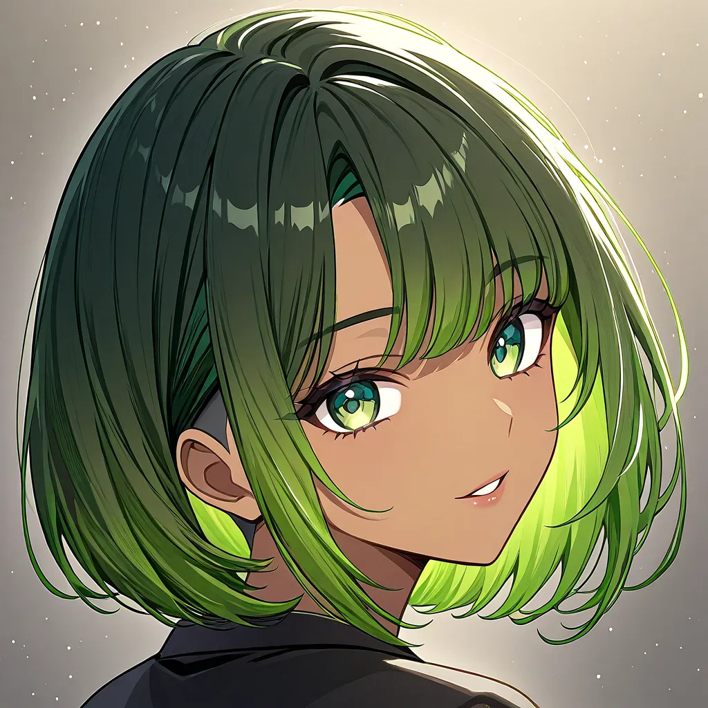 Create an anime for black women, highlighting green hair, green eyes, undercut hair on the side. The bob style with a gradient of hair in layers has volume and dimension. The hair on the top of the length is so flattering.