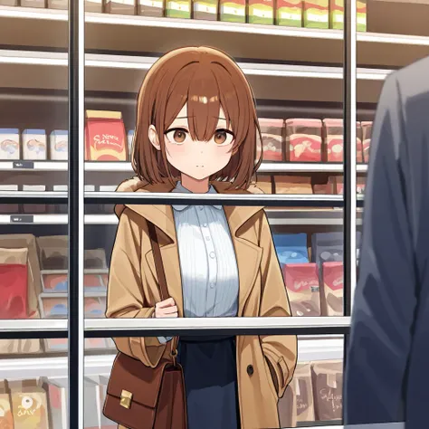 A full-body view of a shoplifter sneaking through the aisles of a retail store. The shoplifter is dressed casually in clothes that blend in with the crowd, with an anxious or suspicious expression, subtly concealing an item in their bag, coat, or under the...