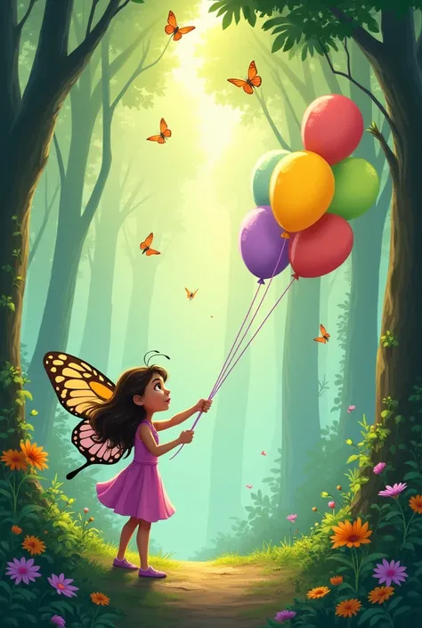 Create standard Disney images for the book , Violet the Butterfly this book deals with accessibility and inclusion, our protagonist is a Butterfly who uses balloons to get flights Because it has its wings broken, na primeira ilustração aparece ela against ...