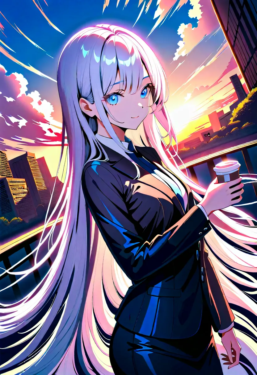 (masterpiece), (best quality), ultra detailed, finely detailed color, cenematic painting, ((holding coffee)), urban, sunset, twilight, dusk, evening, vesper, sky, bridge, bishoujo, ((one lady)), 20-year-old lady, cute face, white hair, absurdly long hair, ...