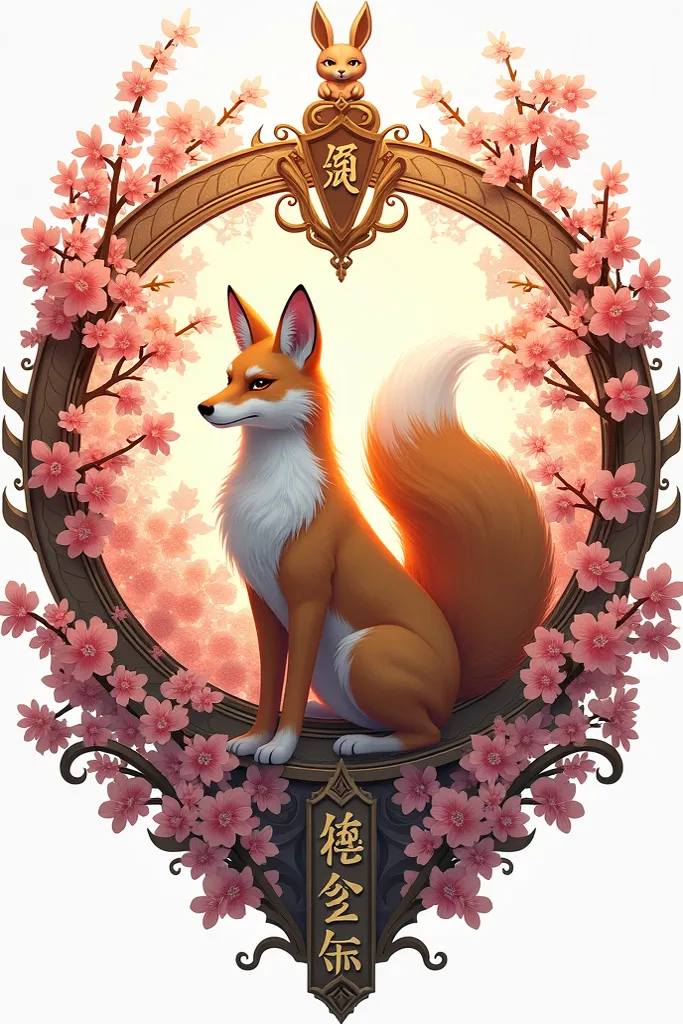 Make a monarchy coat of arms with kitsune with cherry blossom wreath and motto of "Mighty of Konohana sakuya-hime" with a small kitsune statue crown