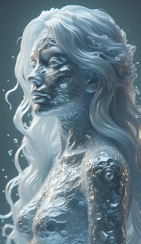 woman in full length, created from liquid silver, liquid silver, mercury body, masterpiece best quality, intricate composition, liquid structure, long silver hair, silver eyes, liquid metal, metallic sheen, liquid metal texture, reflective surface, high de...