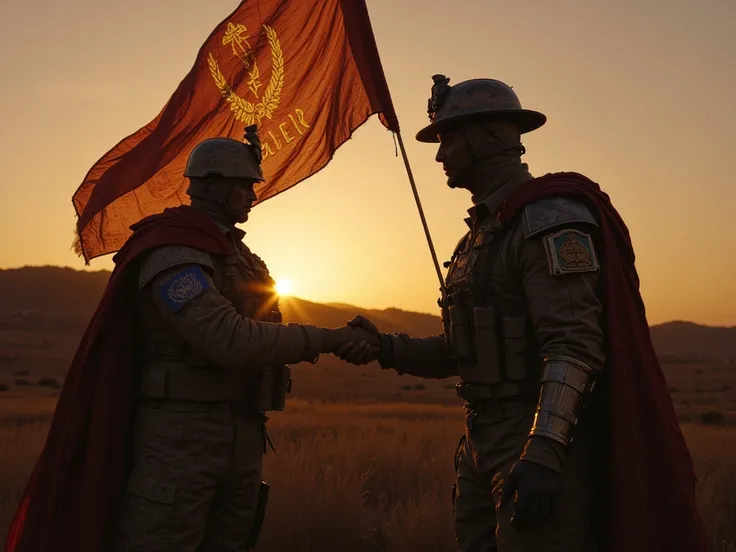 Let there be a soldier holding the European Union flag on the right of the picture, and a soldier holding the United Nations flag on the left. Let these soldiers shake each other's hands. Let the sun rise in the background.