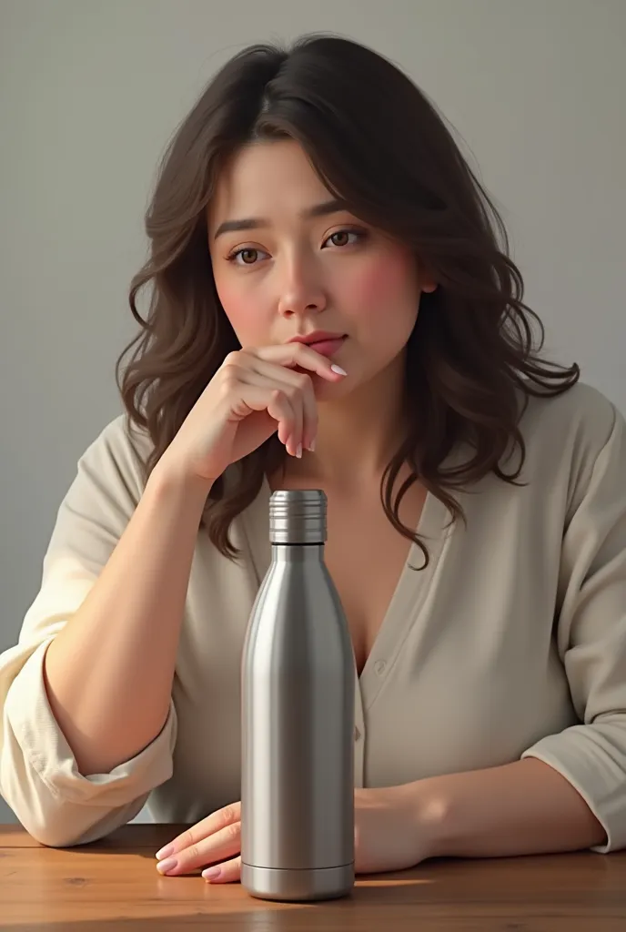 Create a realistic overweight woman with dark brown hair drinking water with a water bottle on the table