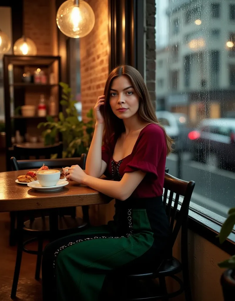 A candid yet refined photograph of a young woman with warm brown hair, slightly wavy at the ends, falling freely over her shoulders. She has expressive hazel-green eyes that add warmth and depth to her appearance.

She wears an eye-catching dress with a fi...