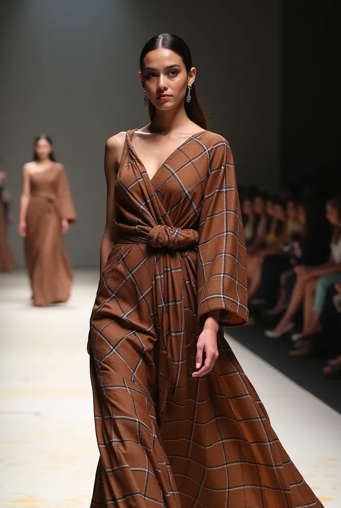 Khadi dress   design elegant ,unique and aesthetic  for fashion show checked fabric brown color blue(1line) and  white dot line(3 line parallel)for checked  effect