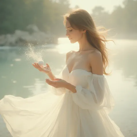 Elegant woman in a flowing, pure white dress stands in the breeze, surrounded by soft, glowing waves of oxygen freshness. She holds a small measuring spoon with fine powder, from which tiny, luminescent oxygen bubbles rise. The scene is bathed in gentle su...