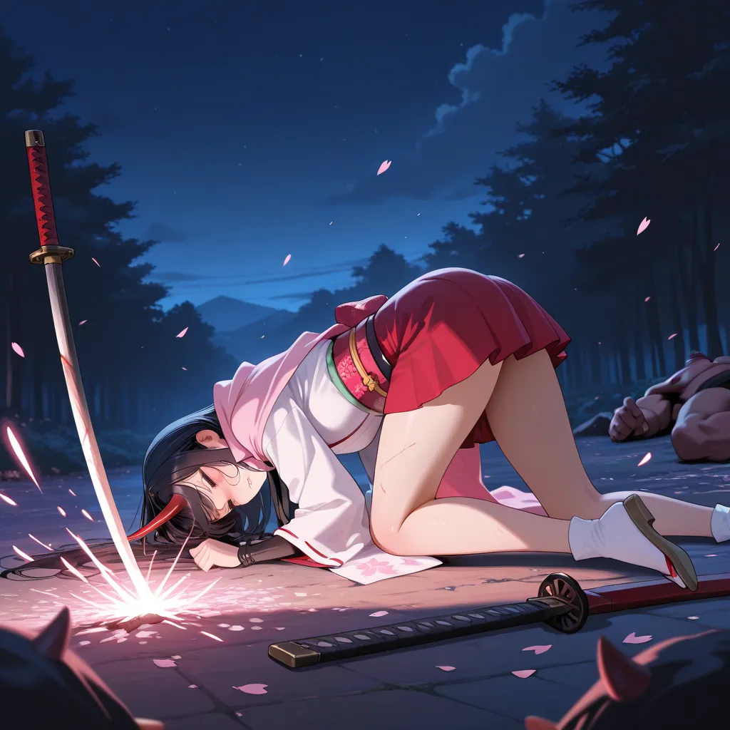 masterpiece,best quality,Very accurate,woman,Japanese white clothing,lady-swordsman,(one katana),black long hair,(sakura),Red mini-skirt,pink cloak,red horns of a ogre,brilliant,night,long-sleeved kimono,defeat,